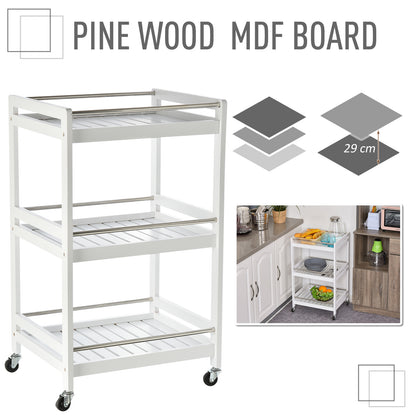 HOMCOM 3-Tier Home Trolley Kitchen Storage Cart w/ Steel Bars 4 Universal Wheels Rolling Unit Organiser Living Room White 