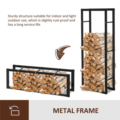 HOMCOM Metal Firewood Log Holder Tall Firewood Rack Indoor Outdoor Fireplace Wood Storage Shelf, Black, 60Wx25Dx150Hcm 