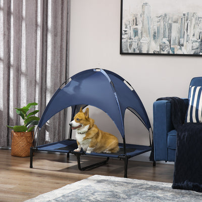 PawHut Raised Dog Bed Waterproof Elevated Pet Cot with Breathable Mesh UV Protection Canopy Blue, for Large Dogs, 92 x 76 x 90cm 