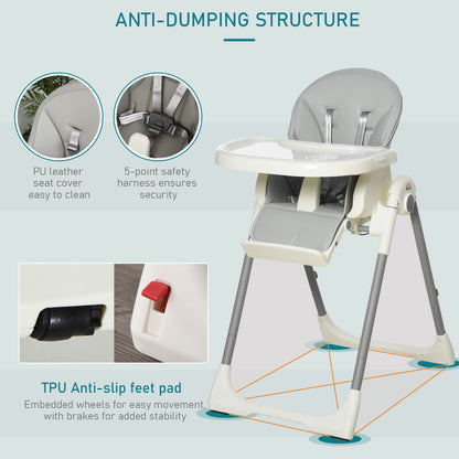HOMCOM Foldable Baby High Chair Convertible Feeding Chair Height Adjustable with Adjustable Backrest Footrest and Removable Tray 5 Point Safety Harness for Kids 6 - 36 Months Grey 