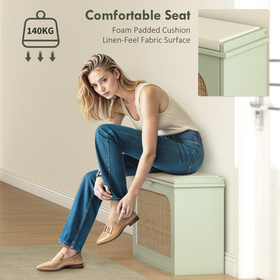HOMCOM Boho Shoe Bench with Padded Seat and Flip-Drawer - Light Green 