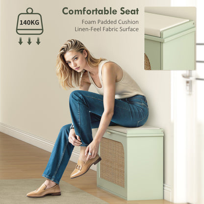 HOMCOM Boho Shoe Bench with Padded Seat and Flip-Drawer - Light Green
