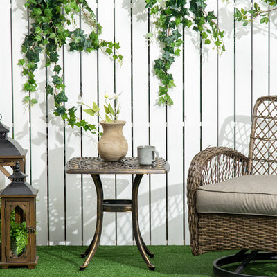 Outsunny Outdoor Patio Side Table with 38mm Dia. Umbrella Hole, Cast Aluminium Patio coffee Table, 54 x 54cm, Bronze Tone 