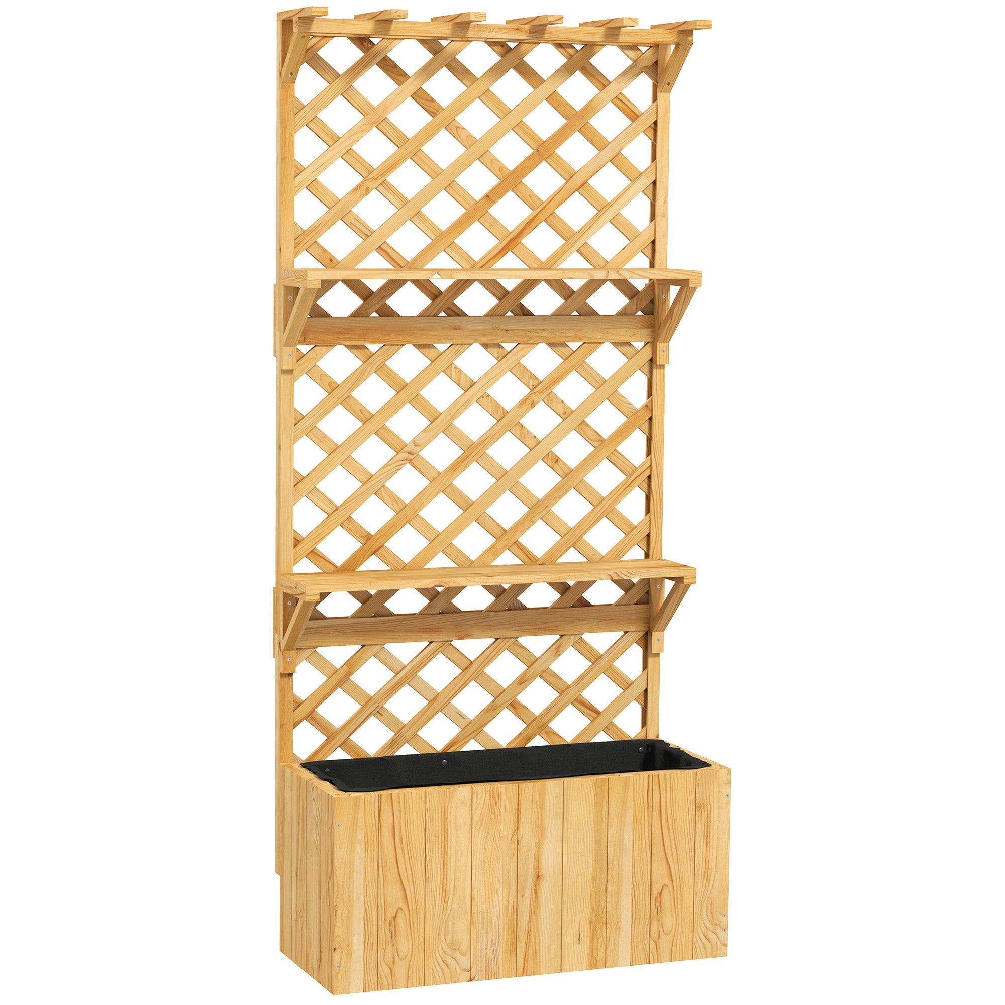 Outsunny 52L Wooden Planter, with Trellis and Shelves - Natural Finish 