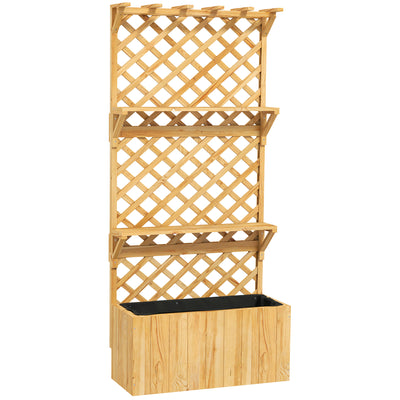 Outsunny 52L Wooden Planter, with Trellis and Shelves - Natural Finish 
