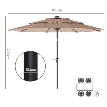 Outsunny 3-Tier Garden Parasol with Solar LED Lights, UPF 30+, Tilt Mechanism & Crank Handle, for Market Terrace, Khaki 
