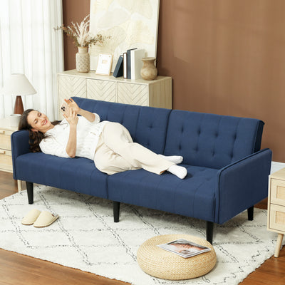 HOMCOM Upholstered Click Clack Sofa Bed, Linen-Feel 3 Seater Sofa Bed with Storage and Cupholders, Dark Blue 