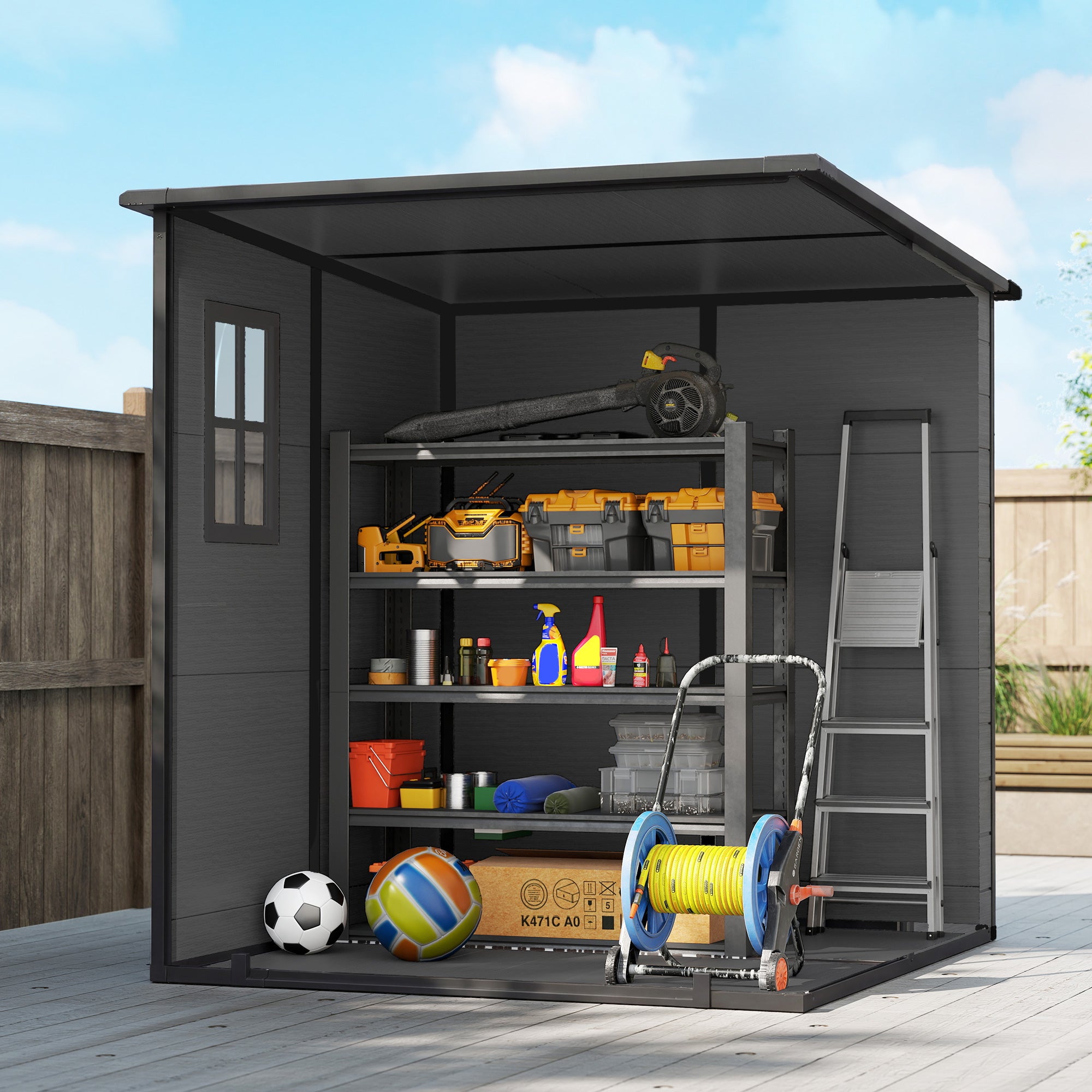 Outsunny 6 x 6 ft Plastic Garden Shed, Wood-Effect Outdoor Storage Shed with Floor, Windows, Lockable Doors and Vents, Dark Grey 