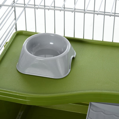 PawHut Small Animal Cage Rabbit Guinea Pigs Chinchillas Cage w/ Wheels Water Bottle Food Dish Platform Ramp 89 x 44 x 43 cm Green 