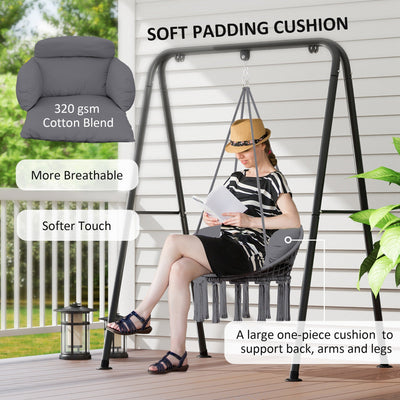 Outsunny Hanging Chair Outdoor Hammock Chair with Soft Cushion, Cotton Rope Boho Style Swing Chair, Hanging Garden Swing Seat for Indoor Outdoor, Dark Grey 