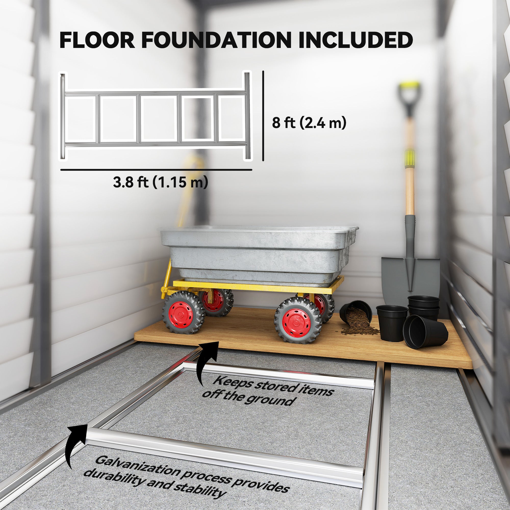 Outsunny 5 x 9ft Galvanised Metal Garden Shed with Foundation Kit, Outdoor Lean-to Shed, Tool Storage House with Lockable Doors, Gloves and 2 Air Vents for Patio, Garden, Grey