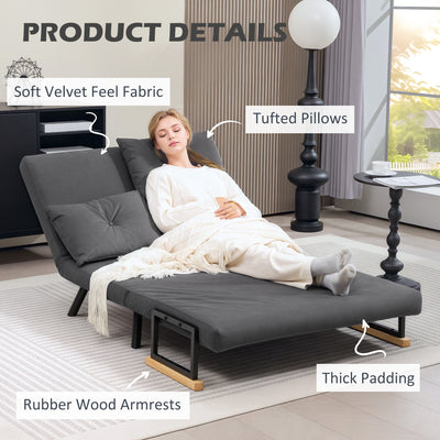 HOMCOM 4-in-1 Velvet-Feel Double Sofa Bed, with Pillows - Dark Grey 