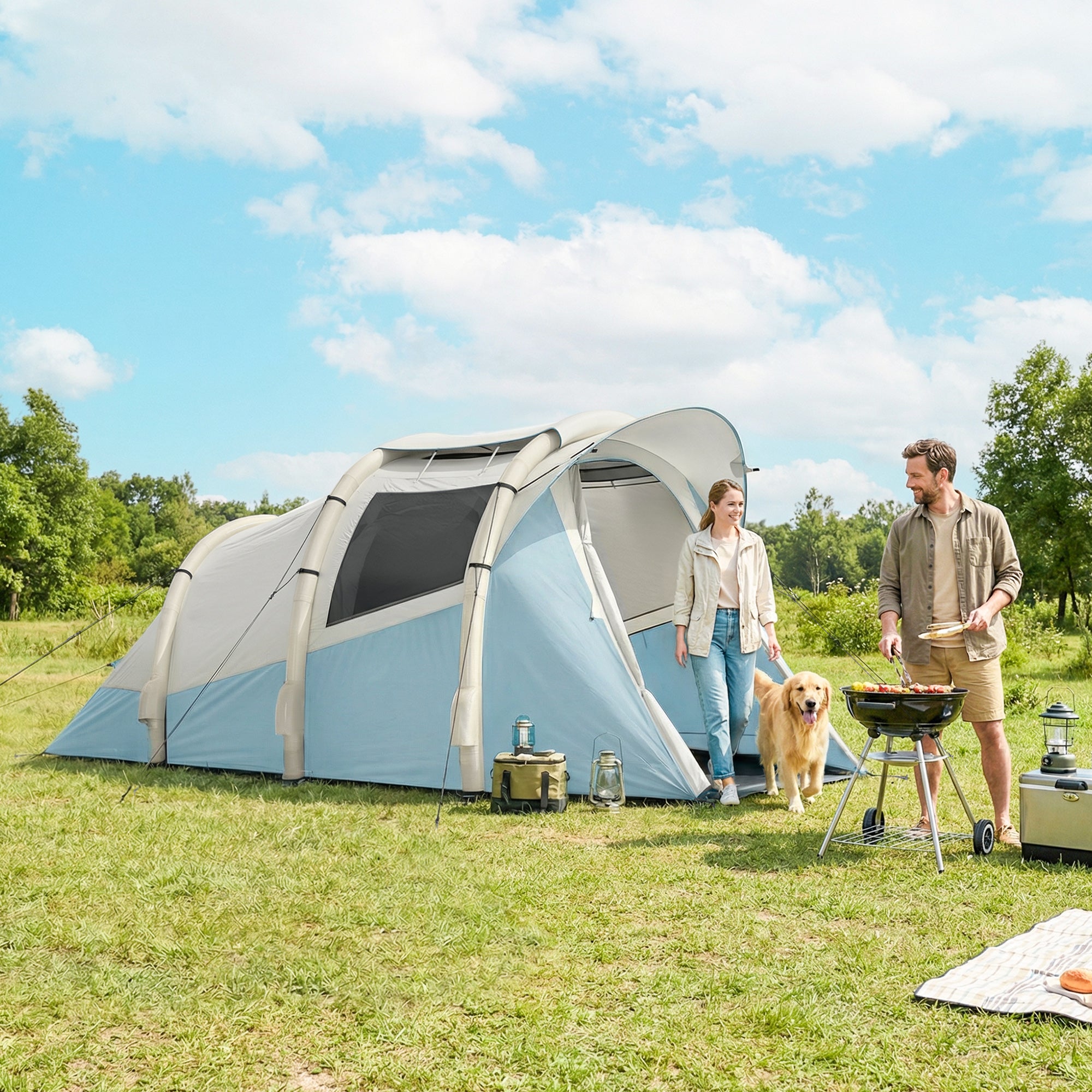Outsunny Inflatable Camping Tent w/ Air Pump, Easy Setup 2-3 Person Blow Up Tent, Light Blue 