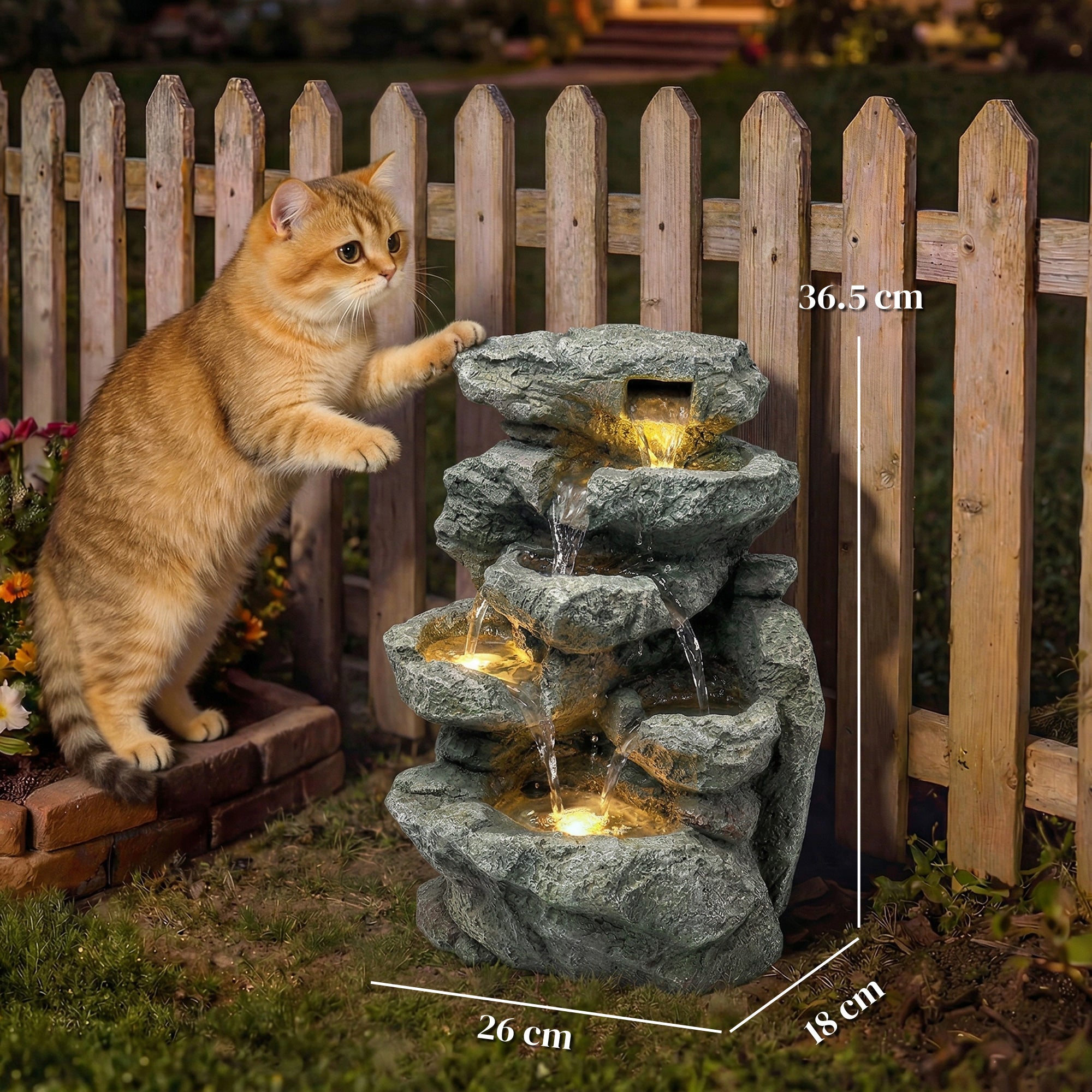 Outsunny Outdoor Fountain with 6-Tier Rock Design, Waterfall Feature with LED Lights, Resin Freestanding Garden Fountain, Grey 