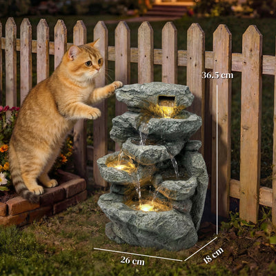 Outsunny Outdoor Fountain with 6-Tier Rock Design, Waterfall Feature with LED Lights, Resin Freestanding Garden Fountain, Grey 