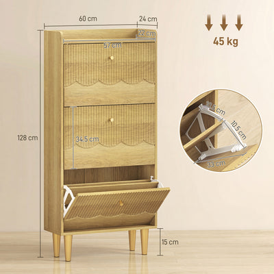 HOMCOM Narrow Shoe Cabinet, Modern Shoe Storage Cabinet with 3 Flip Drawers, Oak 