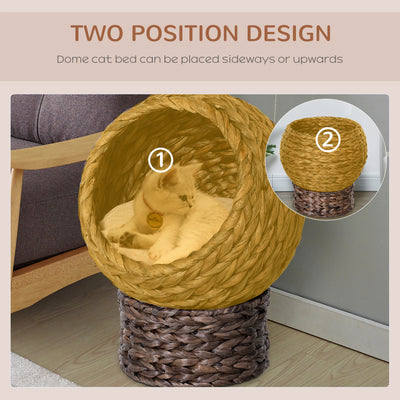 PawHut Wicker Cat Bed, Raised Rattan Cat Basket with Cylindrical Base, Soft Washable Cushion, 42 x 33 x 52cm - Brown 