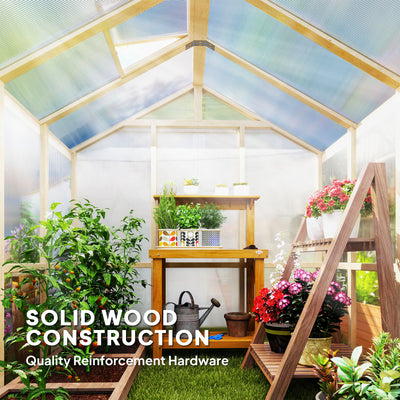 Outsunny 6.6 x 6ft Polycarbonate Greenhouse, Walk-in Wooden Greenhouse with Lockable Door and Window, Garden Plants Grow House, Brown 