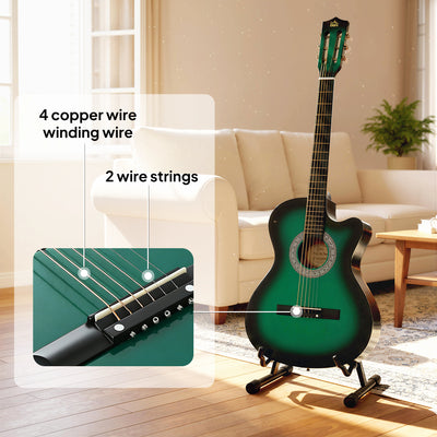 HOMCOM 38 Inch Acoustic Electric Guitar, Beginner Junior Adult Guitar Gloss Finish with Carrying Case - Dark Green 