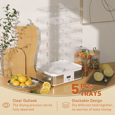 HOMCOM 5 Tier Food Dehydrator, 245W Stainless Steel Food Dryer Machine with Adjustable Temperature, Timer and LCD Display for Drying Fruit, Meat, Vegetable, Jerky and Pet Treat, White 