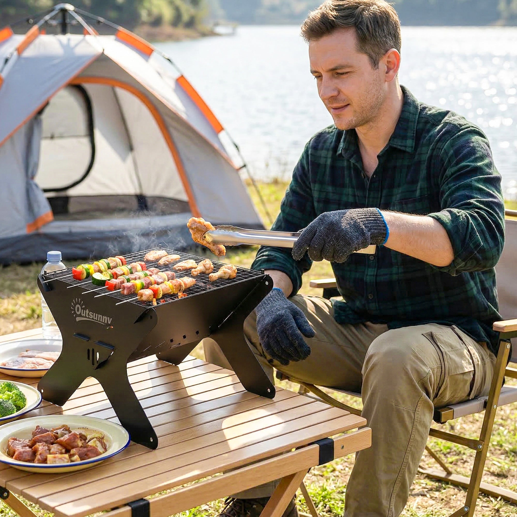 Outsunny 2-In-1 Portable BBQ Grill and Camping Fire Pit, Tabletop Charcoal Barbecue Grill with Gripper, Gloves and Carry Bag 