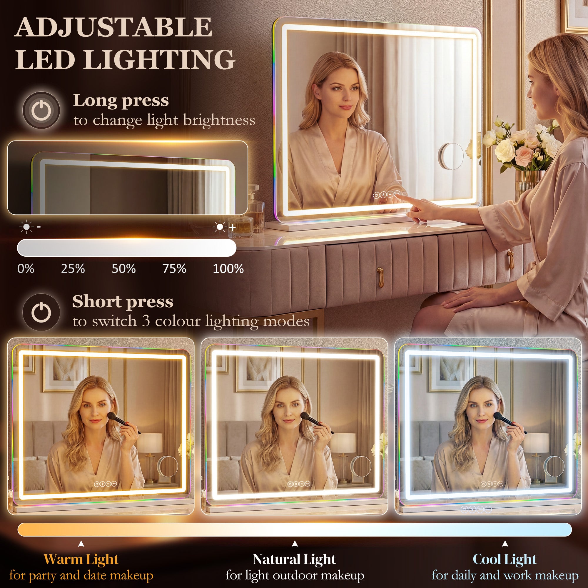 HOMCOM Vanity Mirror with Lights, Dimmable Makeup Mirror with Adjustable Colour Temperature, RGB Light, Bluetooth Speaker White 