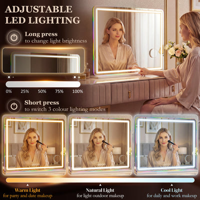 HOMCOM Vanity Mirror with Lights, Dimmable Makeup Mirror with Adjustable Colour Temperature, RGB Light, Bluetooth Speaker White 