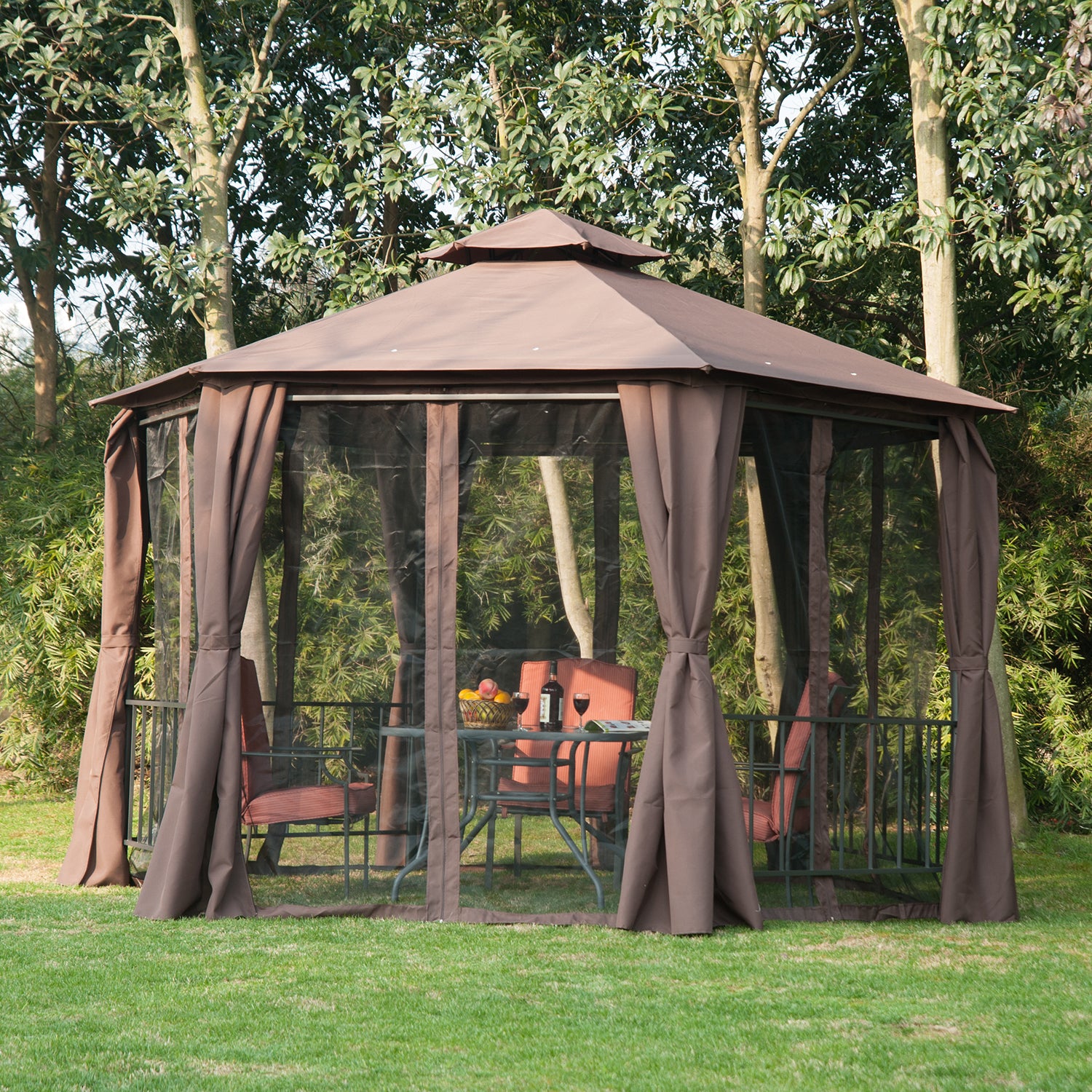 Outsunny 3 x 3(m) Hexagon Gazebo Patio Canopy Party Tent Outdoor Garden Shelter w/ 2 Tier Roof & Side Panel - Brown 