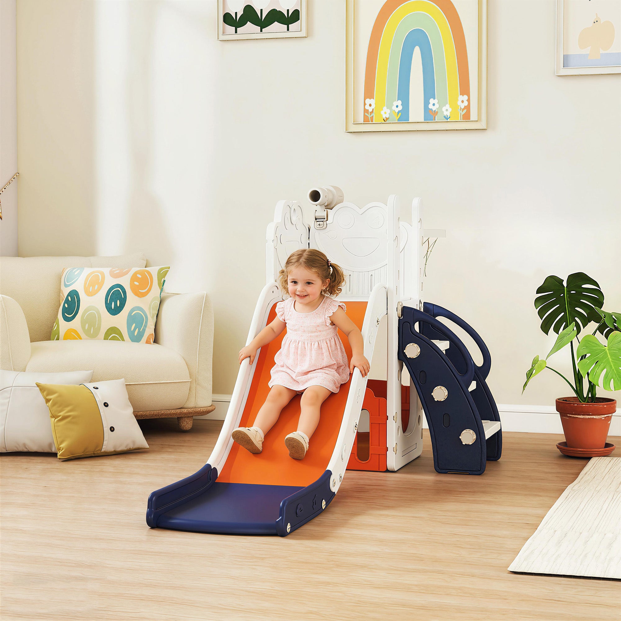 AIYAPLAY 5 in 1 Kids Slide Set with Basketball Hoop, Climbing Frame, Telescope, Storage Box for Toddlers Ages 1-3, Orange 