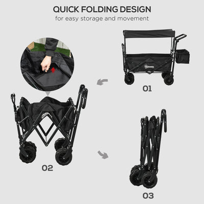 Outsunny Folding Trolley Cart Storage Wagon Beach Trailer 4 Wheels with Handle Overhead Canopy Cart Push Pull for Camping, Black 
