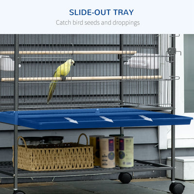PawHut Large Bird Cage Budgie Cage for Finch Canaries Parakeet with Rolling Stand, Slide-out Tray, Storage Shelf, Food Containers, Dark Grey 