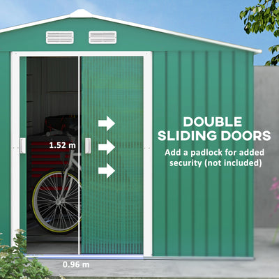 Outsunny 9 x 6ft Metal Garden Shed, Outdoor Storage Tool House with Ventilation Slots, Foundation Kit and Lockable Double Doors, Green 