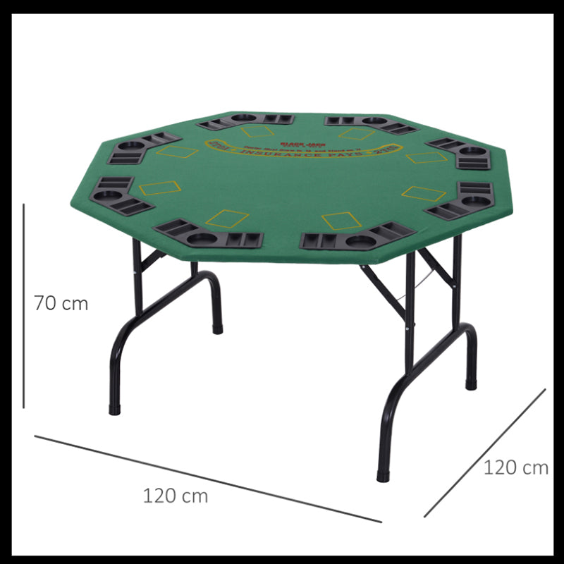 HOMCOM 8 Player Folding Games Poker Table with Chip Cup Holder Steel Base Felt Top Octagon Blackjack Green 