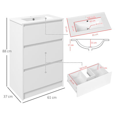kleankin 600mm Bathroom Vanity Unit with Basin and Single Tap Hole, High Gloss White Floor Standing Bathroom Sink Unit with 2 Drawers 