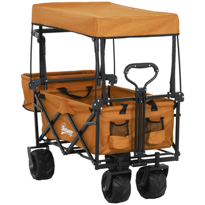 Outsunny Folding Trolley Cart Storage Wagon Beach Trailer 4 Wheels with Handle Overhead Canopy Cart Push Pull For Shopping Camping, Orange 