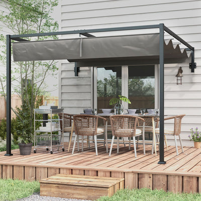 Outsunny 3 x 4m Lean To Steel Pergola, with Moving Fabric Canopy - Dark Grey 