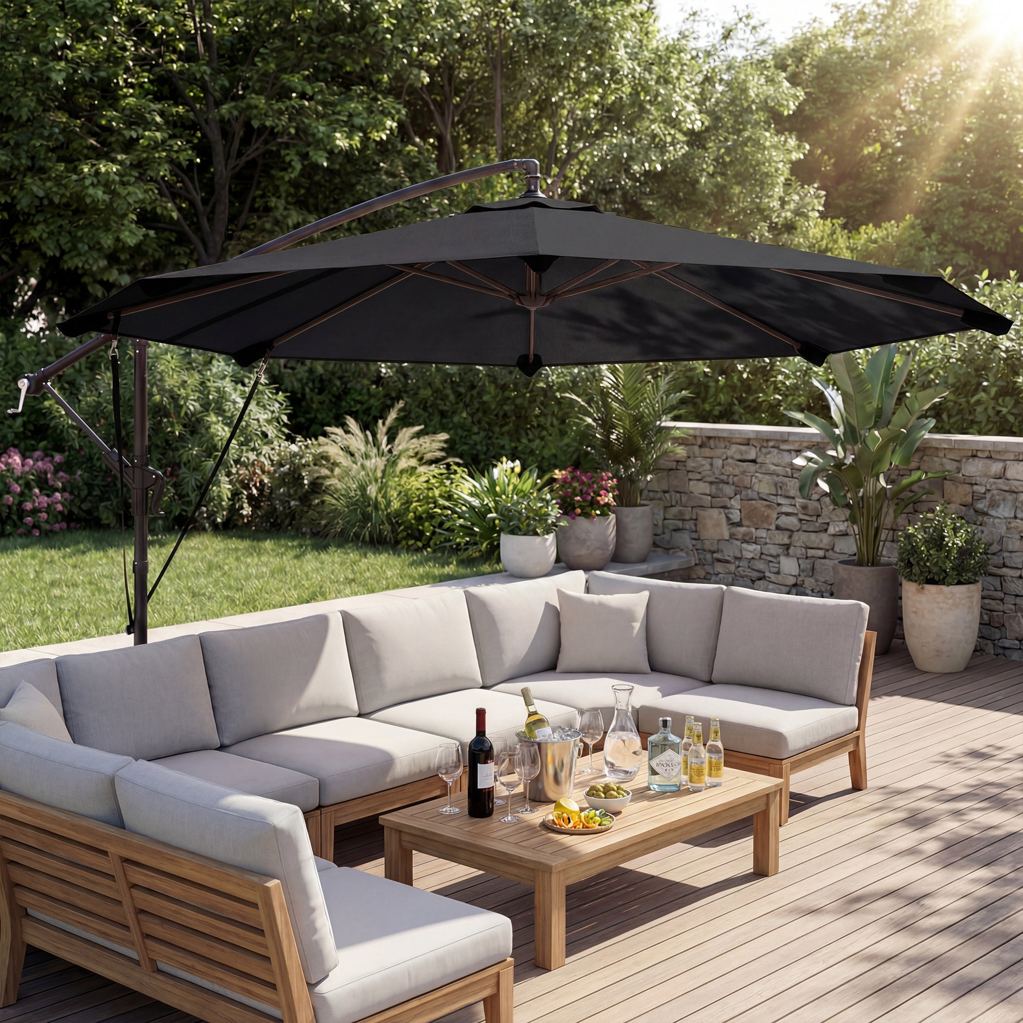 Outsunny 3 m Cantilever Parasol with Protective Cover and Wind Ropes, Banana Parasol with Crank Handle, Black 
