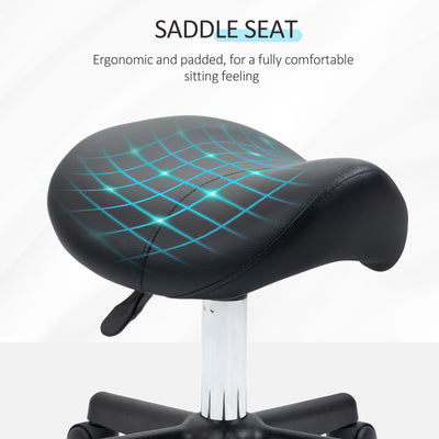 HOMCOM Saddle Stool, PU Leather Adjustable Rolling Salon Chair with Steel Frame for Massage, Spa, Beauty and Tattoo, Black 