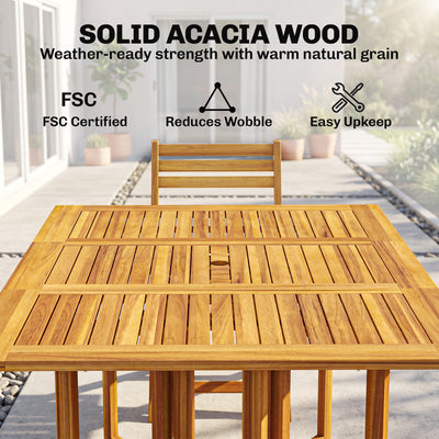 Outsunny 7 Pieces Garden Dining Set, Extending Dining Table and 6 Folding Chairs with Umbrella Hole for Patio, Natural Wood
