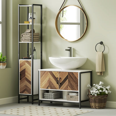 HOMCOM Under Sink Bathroom Cabinet, Rustic Under Sink Cabinet with Herringbone Doors and Open Compartment for Basin with or without Pedestal, 80 x 40 x 60cm, Cream White 