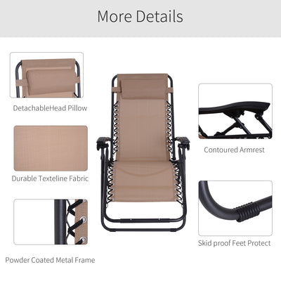 Outsunny Zero Gravity Chair Set of 2, Metal Frame Texteline Armchair Outdoor Folding and Reclining Sun Lounger with Head Pillow for Patio Decking Gardens Camping, Beige 