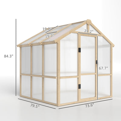 Outsunny 6.6 x 6ft Polycarbonate Greenhouse, Walk-in Wooden Greenhouse with Lockable Door and Window, Garden Plants Grow House, Brown 