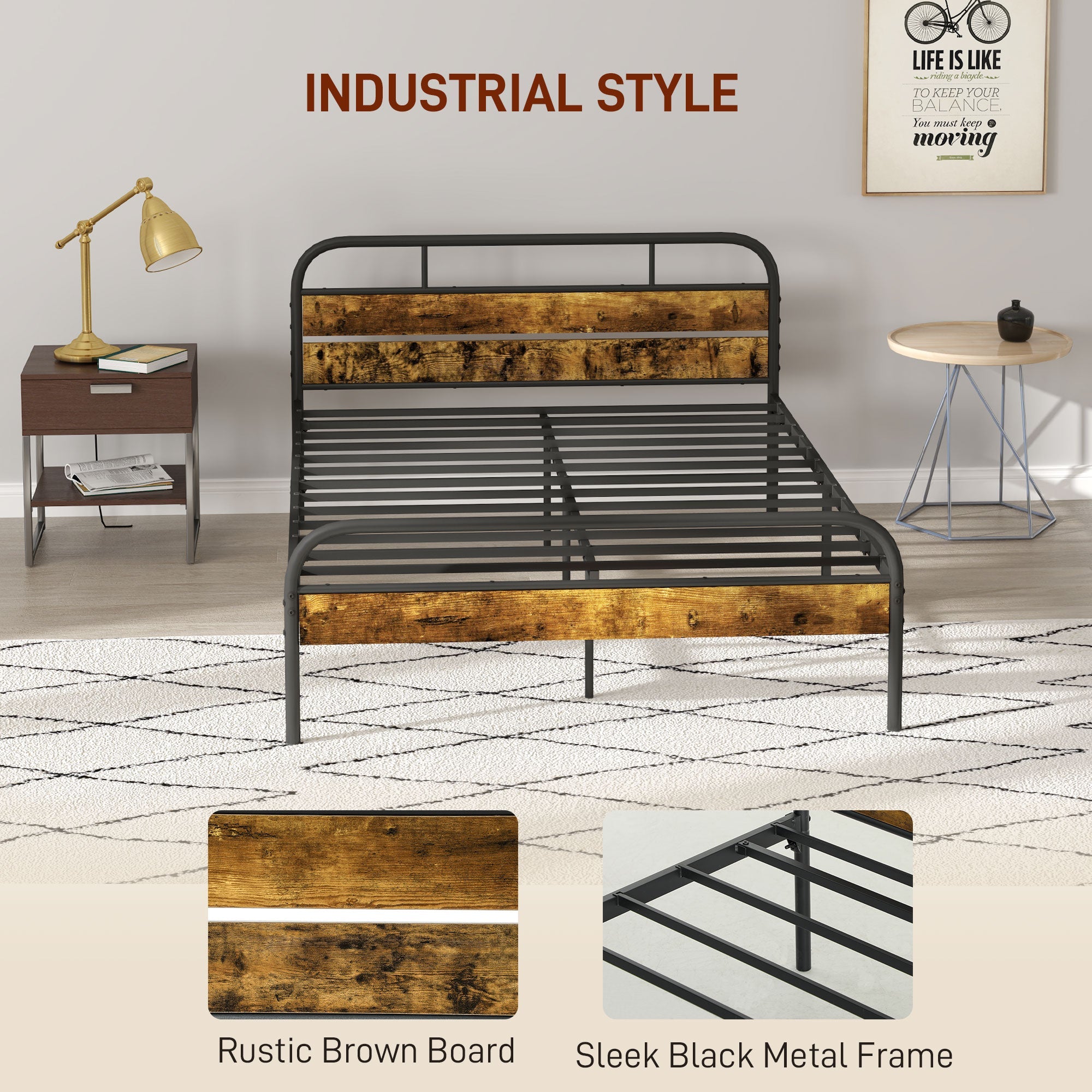 HOMCOM Industrial-Style Double Bed Frame - Black/Brown 