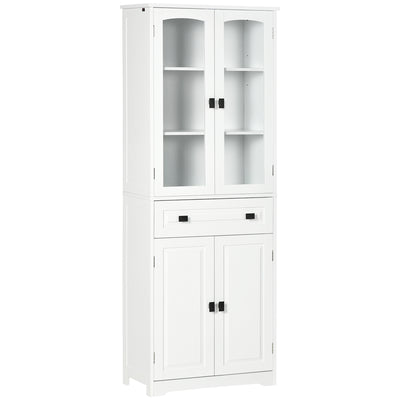HOMCOM Kitchen Cupboard, Freestanding Storage Cabinet with 2 Adjustable Shelves, Drawer and Glass Door for Living Room, Dining Room, 160cm, White 