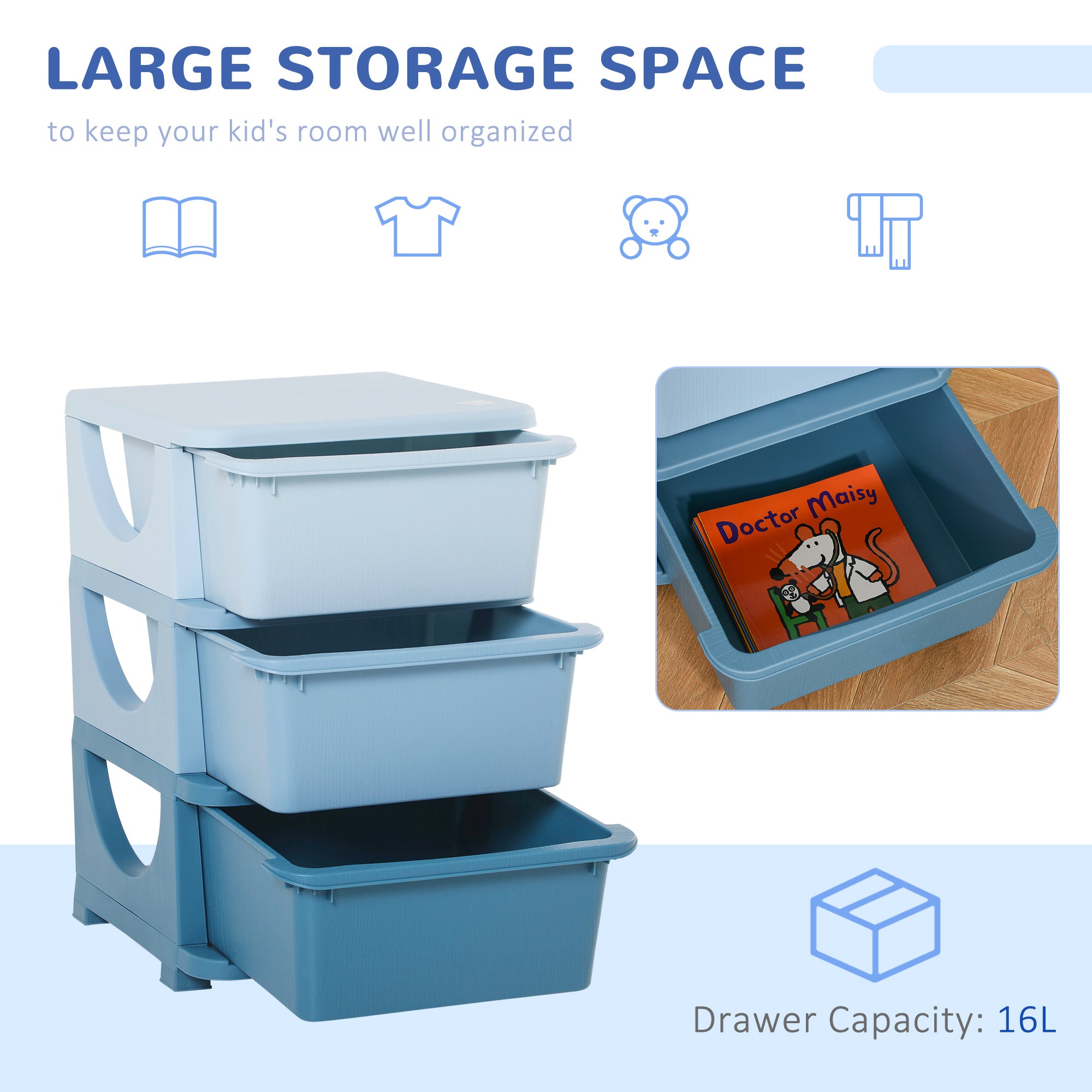 HOMCOM Kids Storage Units with 3 Drawers 3 Tier Chest Vertical Dresser Tower Toy Organizer for Nursery Playroom Kindergarten Blue 