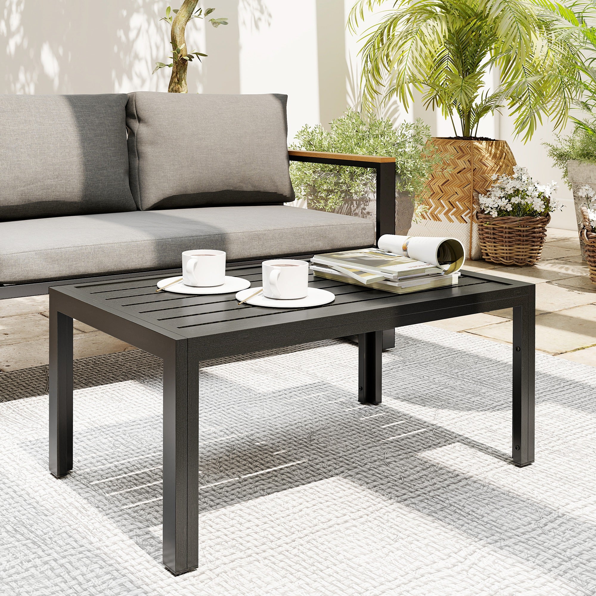 Outsunny Outdoor Side Table, Rectangular Patio Coffee Side Table with Steel Frame and Slat Tabletop for Garden, Balcony, Grey 