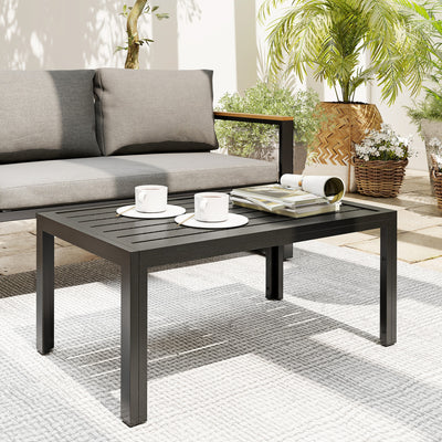 Outsunny Outdoor Side Table, Rectangular Patio Coffee Side Table with Steel Frame and Slat Tabletop for Garden, Balcony, Grey 