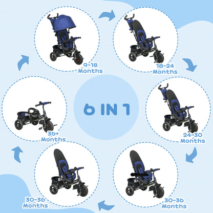 HOMCOM 6 in 1 Kids Trike Push Bike with Push Handle, Canopy, 5-point Safety Belt, Storage, Footrest, Brake, for 1-5 Years, Dark Blue