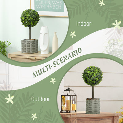 HOMCOM Set of 2 Decorative Artificial Plants, 50cm Faux Boxwood Topiary Balls with Woven Plastic Pot and Pebbles, Fake Plants for Home or Office Decor, Green 