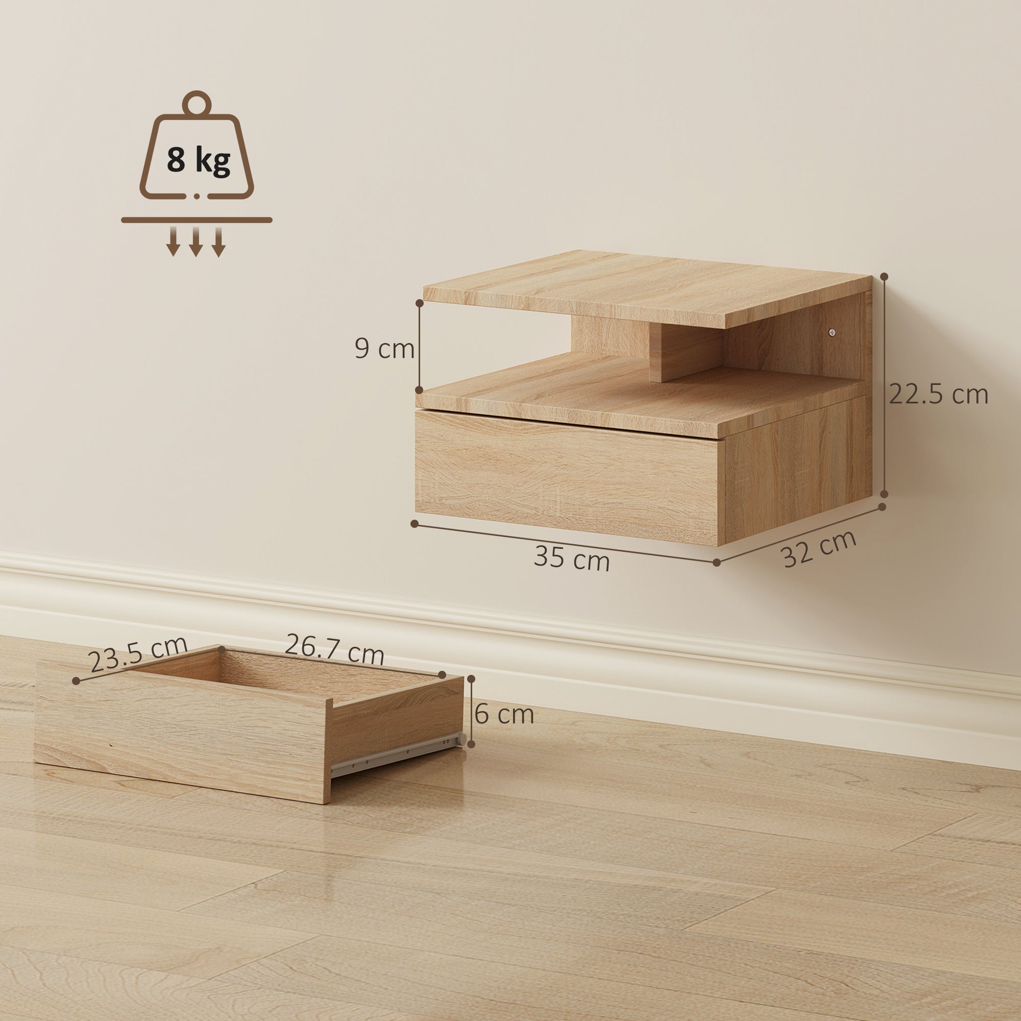 HOMCOM Set of Two Floating Bedside Tables - Oak 